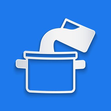 Kağıt kesiği, mavi arkaplanda izole edilmiş tencere ikonu. Haşlama ya da güveç besin sembolü. Kağıt sanatı tarzı. Vektör.