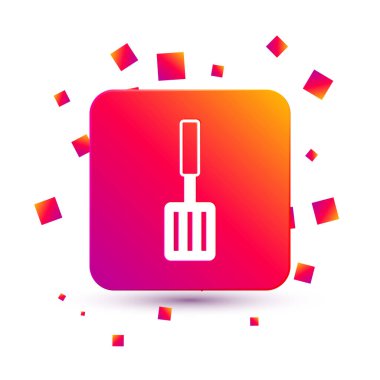 Beyaz arka planda beyaz ızgara spatula simgesi izole edildi. Mutfak spatula ikonu. Barbekü spatula işareti. Barbekü ve ızgara aleti. Kare renk düğmesi. Vektör.