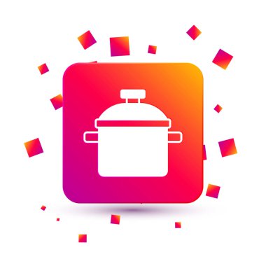 Beyaz arka planda izole edilmiş beyaz tencere ikonu. Haşlama ya da güveç besin sembolü. Kare renk düğmesi. Vektör.