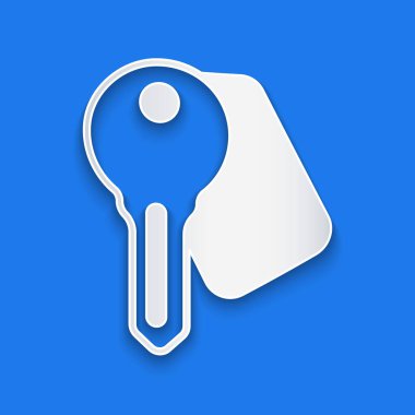 Kağıt kesiği otelin kapı kilidi simgesi mavi arkaplanda izole edilmiş. Kağıt sanatı tarzı. Vektör.