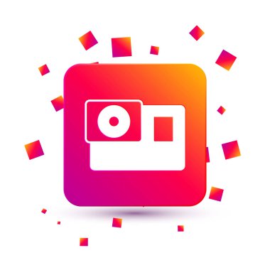 Beyaz Eylem ekstrem kamera simgesi beyaz arkaplanda izole edildi. Ekstrem sporları çekmek için video kamera ekipmanı. Kare renk düğmesi. Vektör.