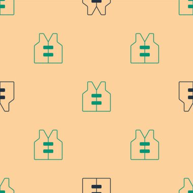 Yeşil ve siyah can yeleği ikonu, bej arka planda kusursuz desen izole etti. Can yeleği ikonu. Olağanüstü bir spor. Spor malzemeleri. Vektör.