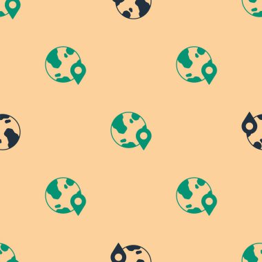 Dünya ikonundaki yeşil ve siyah konum bej arkaplandaki kusursuz deseni izole etti. Dünya ya da Dünya işareti. Vektör.