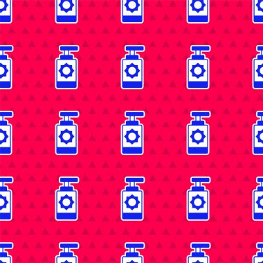 Kırmızı arka planda mavi güneş kremi ikonu izole edilmiş, pürüzsüz desen. Cilt için güneş ultraviyole ışığından koruma. Vektör.