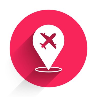 Beyaz düzlem simgesi uzun gölgelerle izole edildi. Uçan uçak ikonu. Uçak tabelası. Kırmızı daire düğmesi. Vektör.