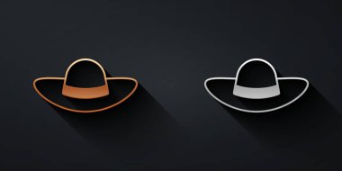 Siyah arka planda izole edilmiş altın ve gümüş renkli kadın şapka ikonu. Uzun gölge tarzı. Vektör.