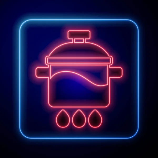 发光的霓虹灯烹饪壶图标孤立在黑色背景 蒸煮或炖煮食品的象征 — 图库矢量图片