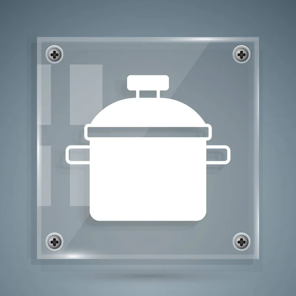白色烹饪锅图标孤立在灰色背景 蒸煮或炖煮食品的象征 方块玻璃面板 — 图库矢量图片