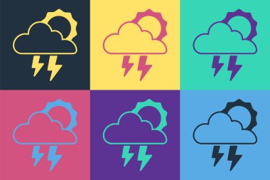 Pop Art Storm simgesi renk arkaplanında izole edildi. Şimşek ve güneş işaretli bir bulut. Fırtınanın hava durumu ikonu. Vektör.