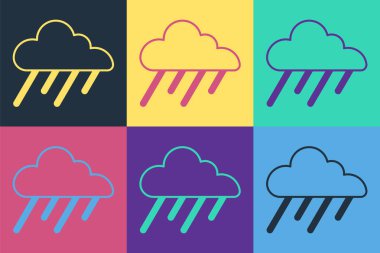 Renk arkaplanında yağmur ikonu olan pop sanat bulutu. Yağmur damlaları ile yağmur bulutu yağışı. Vektör.