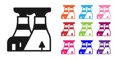 Siyah Nükleer Santral ikonu beyaz arka planda izole edildi. Enerji endüstrisi konsepti. Simgeleri renklendirin. Vektör.