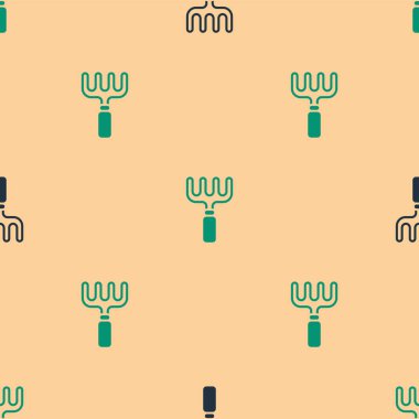 Yeşil ve siyah bahçe tırmık ikonu bej arka planda iz bırakmış. Bahçecilik, tarım, çiftçilik aleti. Toprak işçisi. Temizlik ekipmanları. Vektör.