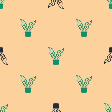 Esrar ikonundaki yeşil ve siyah bitki bej arkaplandaki pürüzsüz deseni izole etti. Tencerede yetişen bir bitki. Saksı bitkisi işareti. Vektör.