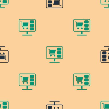 Ekran bilgisayar simgesinde yeşil ve siyah alışveriş arabası bej arkaplandaki kusursuz deseni izole etti. Konsept e-ticaret, e-ticaret, online iş pazarlama. Vektör.