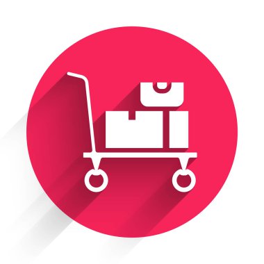 Beyaz El kamyonu ve uzun gölgeli kutu simgesi. Dolly sembolü. Kırmızı daire düğmesi. Vektör.