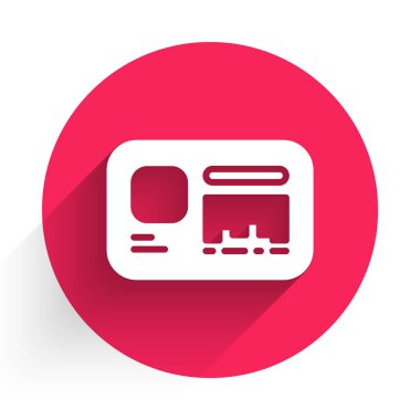Beyaz kimlik kartı simgesi uzun gölgeyle izole edildi. Sunum için, şirketin kimliği için, reklam için kullanılabilir. Kırmızı daire düğmesi. Vektör.