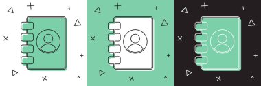 Adres defteri simgesini beyaz ve yeşil, siyah arkaplanda izole et. Not defteri, adres, bağlantı, rehber, telefon, telefon rehberi simgesi. Vektör.