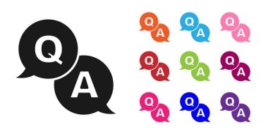 Beyaz zemin üzerinde Soru ve Yanıt simgesi olan siyah konuşma baloncukları. Q ve A sembolü. SSS işareti. Konuşma balonu ve çizelgesi. Simgeleri renklendirin. Vektör.