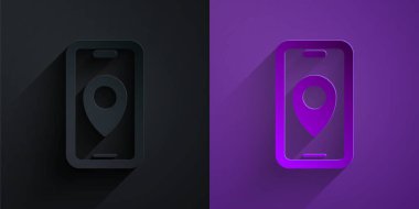 Kağıt kesiği Şehir Haritası yön bulma simgesi mor zemin üzerinde izole edilmiş. Mobil Uygulama Arayüzü tasarımı. Coğrafi konsept. Kağıt sanatı tarzı. Vektör.