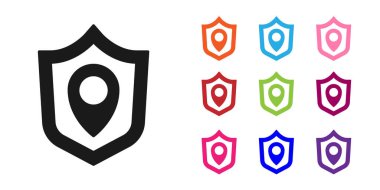 Siyah Konum kalkan simgesi beyaz arkaplanda izole edildi. Sigorta konsepti. Gardiyan. Güvenlik, güvenlik, koruma, gizlilik kavramı. Simgeleri renklendirin. Vektör.