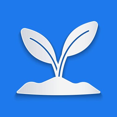 Kağıt kesiği simgesi mavi arkaplanda izole edilmiş. Tohum ve tohum. İşaret bırakıyor. Yaprak doğası. Kağıt sanatı tarzı. Vektör.