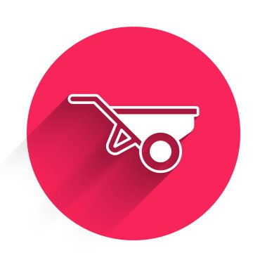 Kirli ikonu uzun gölgeli beyaz el arabası. Alet edevat. Tarım arabası tekerlek çiftliği. Kırmızı daire düğmesi. Vektör.