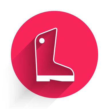 Uzun gölgeli beyaz lastik eldiven ikonu. Lateks el koruması işareti. Ev işi temizlik ekipmanları sembolü. Kırmızı daire düğmesi. Vektör.