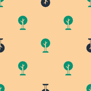 Yeşil ve siyah ağaç simgesi, bej arkaplandaki kusursuz deseni izole etti. Orman sembolü. Vektör.