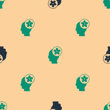 İçinde çiçek olan yeşil ve siyah insan kafası bej arka planda izole edilmiş pürüzsüz desen. Vektör.