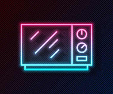 Parlayan neon hattı mikrodalga fırın ikonu siyah arkaplanda izole edildi. Ev aletleri simgesi. Vektör.
