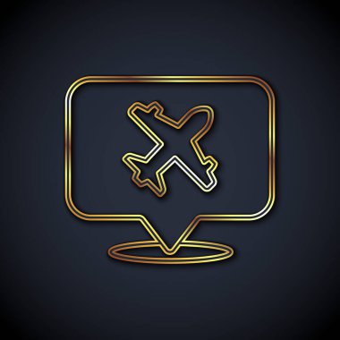 Siyah arka planda izole edilmiş uçak seyahat ikonu olan altın renkli konuşma balonu. Uçak nakil işareti. Tatil sembolü. Vektör.