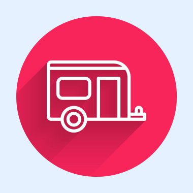 Beyaz çizgi karavan kampı ikonu uzun gölgeli izole edilmiş. Gezici ev, karavan, yolculuk için ev karavanı. Kırmızı daire düğmesi. Vektör.