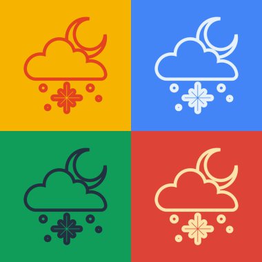 Kar ve güneş ikonu arkaplanda izole edilmiş Pop Sanat Çizgisi Bulutu. Kar taneli bulut. Tek hava ikonu. Kar tabelası. Vektör.