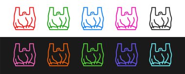 Siyah ve beyaz arka planda izole edilmiş plastik poşet poster ikonuna hayır de. Tek kullanımlık selofan ve politen paket yasaklama işareti. Vektör.