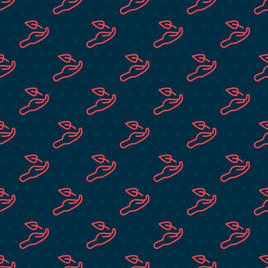 Çevre koruma ikonunun elindeki kırmızı çizgi filizi siyah arkaplanda izole edilmiş pürüzsüz desen. Tohum ve tohum. Fidan dikiyorum. Ekoloji konsepti. Vektör.