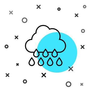 Beyaz zemin üzerinde yağmur ikonu olan siyah çizgi bulutu. Yağmur damlaları ile yağmur bulutu yağışı. Rastgele dinamik şekiller. Vektör.