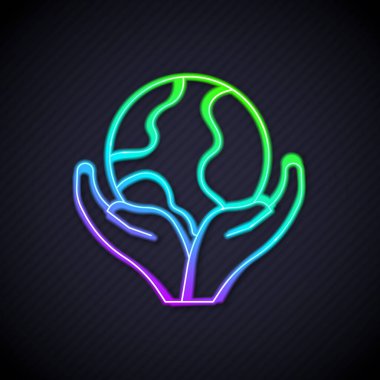 Parlayan neon hattı. Dünya 'nın simgesini tutan insan eli. Siyah arka planda izole edilmiş. Dünya kavramını sakla. Vektör.