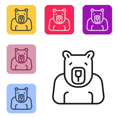 Siyah çizgi kutup ayısı başı simgesi beyaz arkaplanda izole edildi. Renkli kare düğmelerle simgeleri ayarla. Vektör.