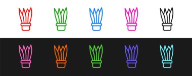 Siyah ve beyaz arkaplanda izole edilmiş çömlek simgesinde çizgi bitkisi oluştur. Tencerede yetişen bir bitki. Saksı bitkisi işareti. Vektör.