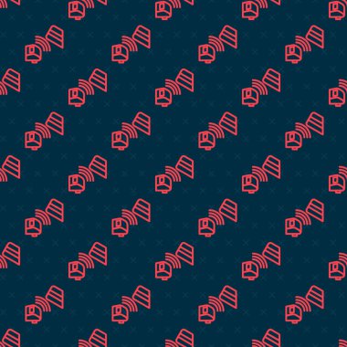 Kırmızı çizgi POS terminali, eklenmiş kredi kartı ve yazdırılmış alıcı simgesi, siyah arkaplanda izole edilmiş kusursuz desen. NFC ödeme konsepti. Vektör.