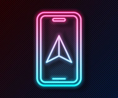 Şehir haritası yön bulma simgesinin parlayan neon hattı bilgileri siyah arkaplanda izole edildi. Mobil Uygulama Arayüzü tasarımı. Coğrafi konsept. Vektör.