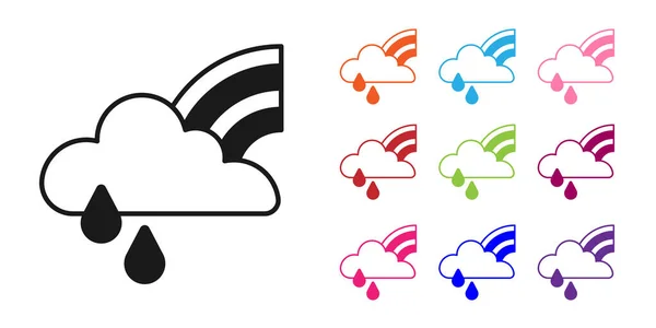 Zwarte Regenboog Met Wolk Regen Pictogram Geïsoleerd Witte Achtergrond Stel — Stockvector