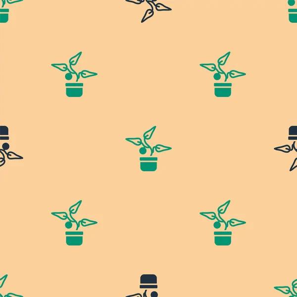 Vert Noir Plante Pot Icône Isolé Motif Sans Couture Sur — Image vectorielle