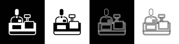 Stel Kassier Bij Kassa Supermarkt Pictogram Geïsoleerd Zwart Wit Achtergrond — Stockvector