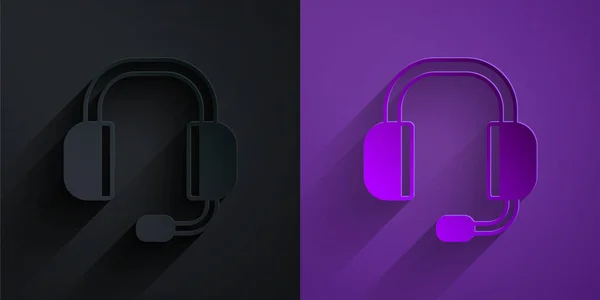 Icono Auriculares Corte Papel Aislado Negro Sobre Fondo Púrpura Servicio — Vector de stock