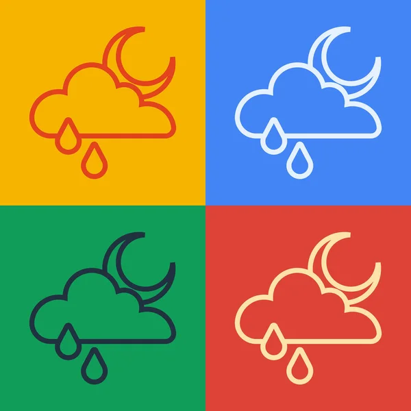 Pop Art Line Wolk Met Regen Maan Pictogram Geïsoleerd Kleur — Stockvector