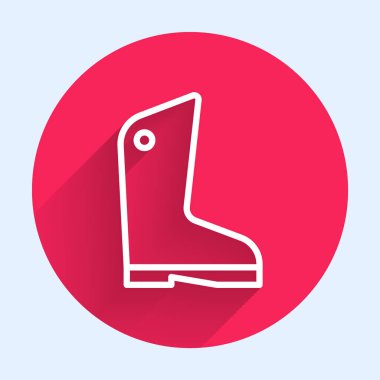 Beyaz çizgili lastik eldiven ikonu uzun gölgeli izole edilmiş. Lateks el koruması işareti. Ev işi temizlik ekipmanları sembolü. Kırmızı daire düğmesi. Vektör.