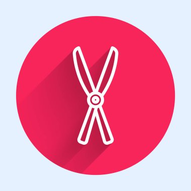 Uzun gölgeli ikonu budamak için beyaz çizgili el yapımı makas. Ahşap saplı budama makası. Kırmızı daire düğmesi. Vektör.