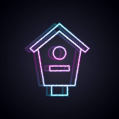 Parlayan neon çizgili kuş evi simgesi siyah arkaplanda izole edildi. Yuva kutusu kuş evi, kuşlar için ev yapımı bina. Vektör.