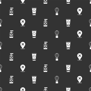 Sıcak hava balonu, uçak, güneş kremi şişesi ve kremi tüpe yerleştirin. Vektör